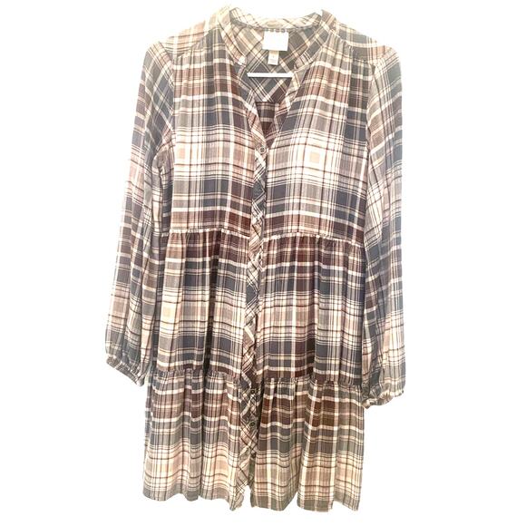 Knox Rose Baby Doll Dress S  Brown Plaid Prairie Schoolgirl Ruffle Hem Academia - Picture 1 of 6